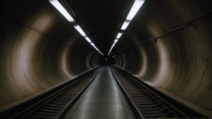 Dimly Lit Underground Tunnel with Train Tracks: A long, dimly lit underground tunnel with metal train tracks disappearing into the distance, creating a sense of depth and mystery in the dark, enclosed