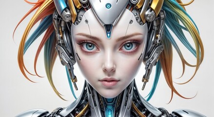 close-up futuristic portrait of android woman on pristine white