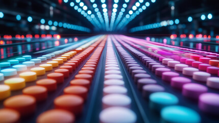Obraz premium A zoomed-in shot of brightly colored pharmaceutical tablets, arranged in a precise pattern as they glide along a conveyor belt under intense LED lights, highlighting their smooth t