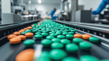 A close-up of a conveyor belt filled with green, orange, and blue tablets, with the sterile white walls of the lab providing a clinical backdrop to the automated production process