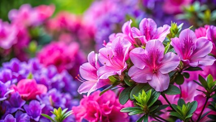 Fototapeta premium Spring background of pink azaleas and purple periwinkle in bloom