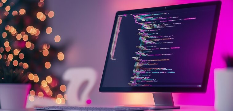 Close-up of a monitor with colorful coding lines, bokeh lighting in the background, capturing the essence of programming in a vibrant digital world