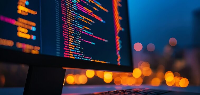 Close-up of a monitor with colorful coding lines, bokeh lighting in the background, capturing the essence of programming in a vibrant digital world