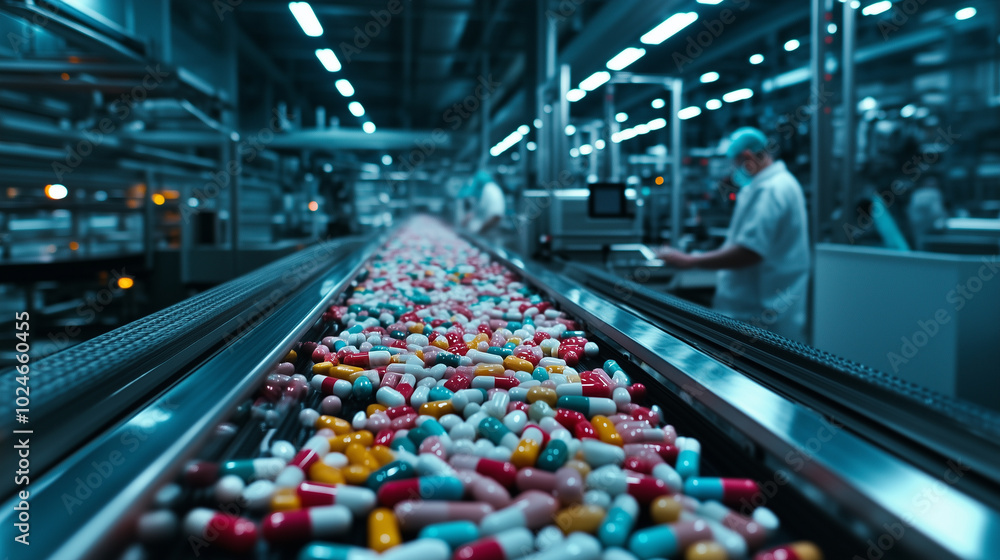 Poster a line of multicolored tablets being sorted by size and shape as they move down a conveyor belt in a