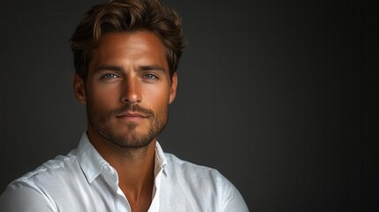 Obraz premium young man in a crisp white shirt striking a pose against a neutral gray background exuding confidence and style perfect for a fashion editorial shot