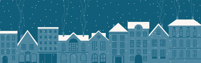 Night city street with cozy old houses. European old town panorama. Panoramic view of empty street at snowy night, evening. Silhouette of Nighttime urban cityscape, scenery in twilight. Flat vector