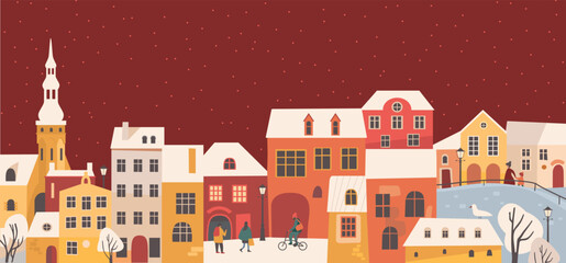 Winter village, city, urban landscape. New Year and Christmas background. Old European town cityscape in a minimal cartoon style. Cute Houses with snowfall on red background. Flat vector illustration