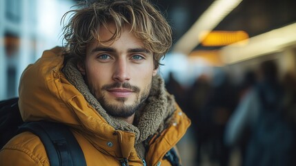 young man standing at a busy train station surrounded by commuters waiting patiently with a hopeful expression and a stylish backpack