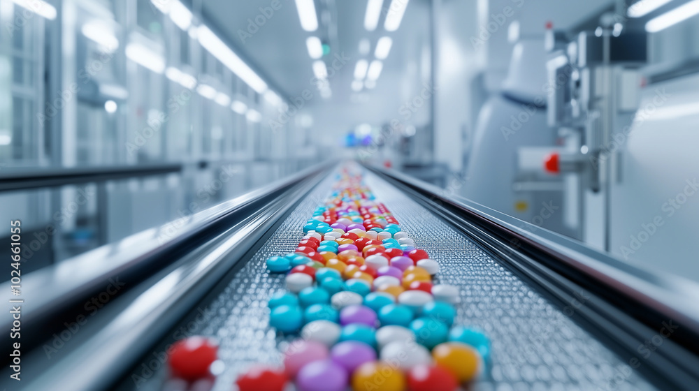 Poster a conveyor belt transporting a rainbow of pharmaceutical tablets through an automated sorting system