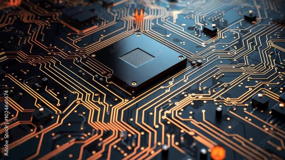 Poster the heart of technology: a close-up, abstract view of a computer chip nestled within a complex netwo
