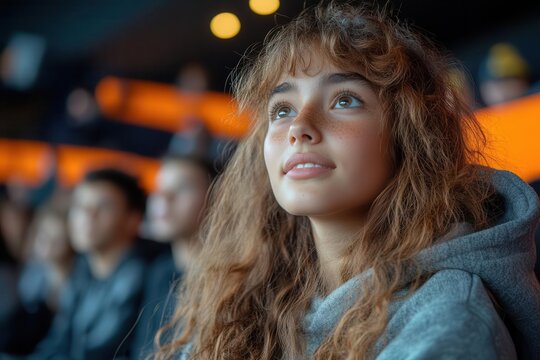 young student engrossed in watching a cinematic premiere radiating excitement and joy the vibrant setting captures the essence of entertainment and youthful energy