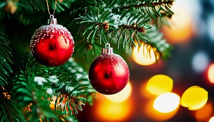 Obraz premium Sparkling ornament balls in vibrant red and gold hang from a lush spruce tree branch. Soft, warm lights twinkle enhancing festive spirit of Christmas. Happy New Year. Anamorphic bokeh. Generative AI