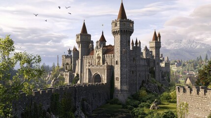Majestic medieval castle surrounded by lush landscapes
