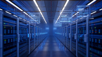 a high-tech data warehouse, featuring rows of modern servers with blinking lights in a vast, secure facility. Big data, data center, Server room