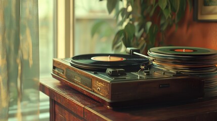 Vintage record player with vinyl records in a cozy setting