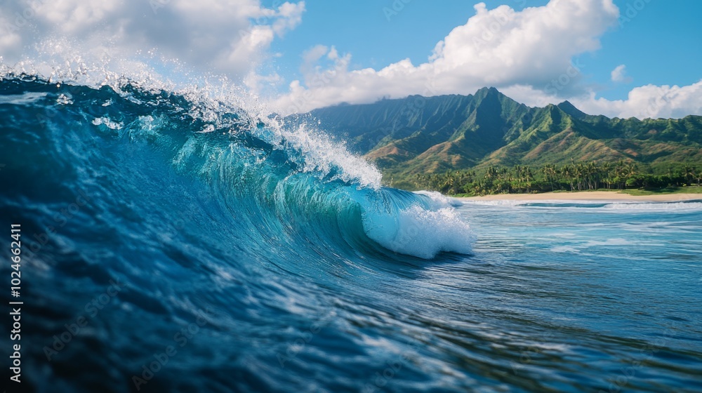 Poster a wave is crashing on a beach with mountains in the background