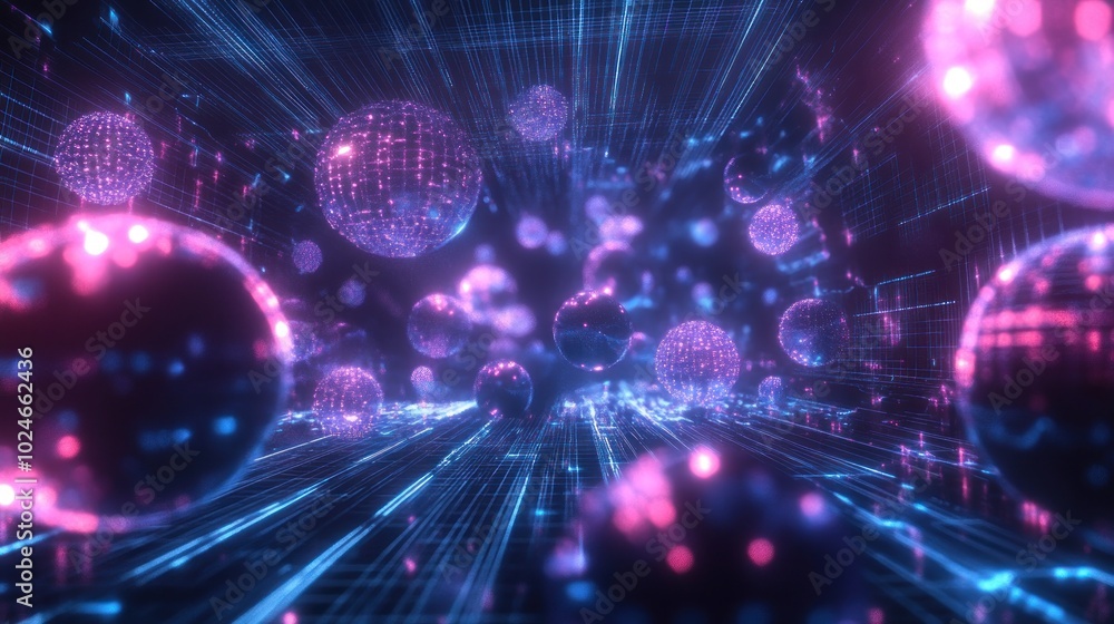 Poster abstract 3d render of glowing spheres in a network of light streaks