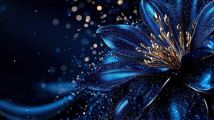   A close-up of a blue flower, droplets of water on its petals, and a dewy center