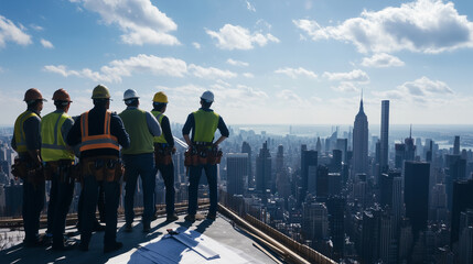 Obraz premium A team of happy construction workers and architects gathered at the edge of a building site, overlooking a city filled with skyscrapers, with blueprints and tools in hand, sharing