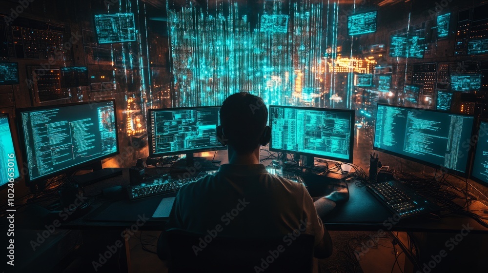 Poster a hacker working on bypassing network security, dim lighting and a maze of cables and monitors surro