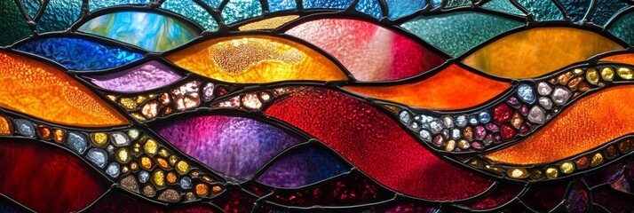 Vibrant stained glass artistry, intricate patterns, rich colors, showcasing skilled craftsmanship and artistic design elements