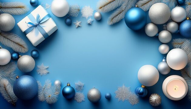 Hellblauer, weihnachtlicher Hintergrund mit Schneeflocken, Tannennadeln und Christbaumkugeln mit Platz f&uuml;r Text