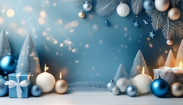 Hellblauer, weihnachtlicher Hintergrund mit Schneeflocken, Tannennadeln und Christbaumkugeln mit Platz f&uuml;r Text