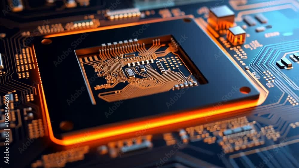Aufkleber a computer chip is shown in a close up. the chip is orange and black and is surrounded by other elec