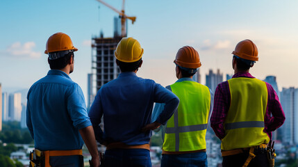 A team of architects and construction workers standing confidently at a high-rise construction site, with the backdrop of a modern city skyline filled with glass skyscrapers.