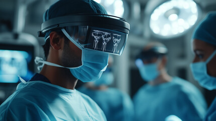 A high-tech surgical scene where doctors in AR headsets collaborate in real time, using floating holographic displays of the patient's skeletal structure for a precision operation.