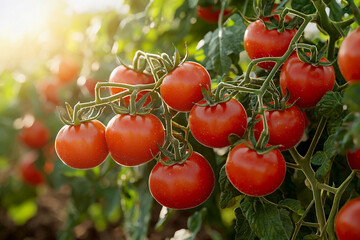 Fresh red tomatoes ripening on the vine in a sunny garden