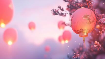 Fototapeta premium A row of red lanterns hanging from a tree. The lanterns are lit up and the scene is set against a pink sky