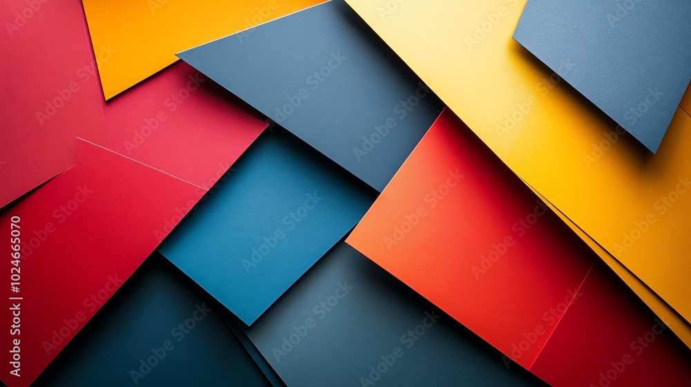 Poster layered paper cut abstract geometric shapes with sharp angles and bold colors, creating a dynamic mo