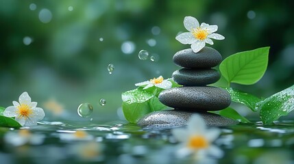 zen meditation stones artfully stacked on a serene tropical forest backdrop surrounded by delicate green leaves and flowers floating on still water soft natural light evokes peace and tranquility
