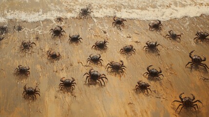 Fototapeta premium Crabs Scattering on Wet Sandy Beach at Ocean Shore