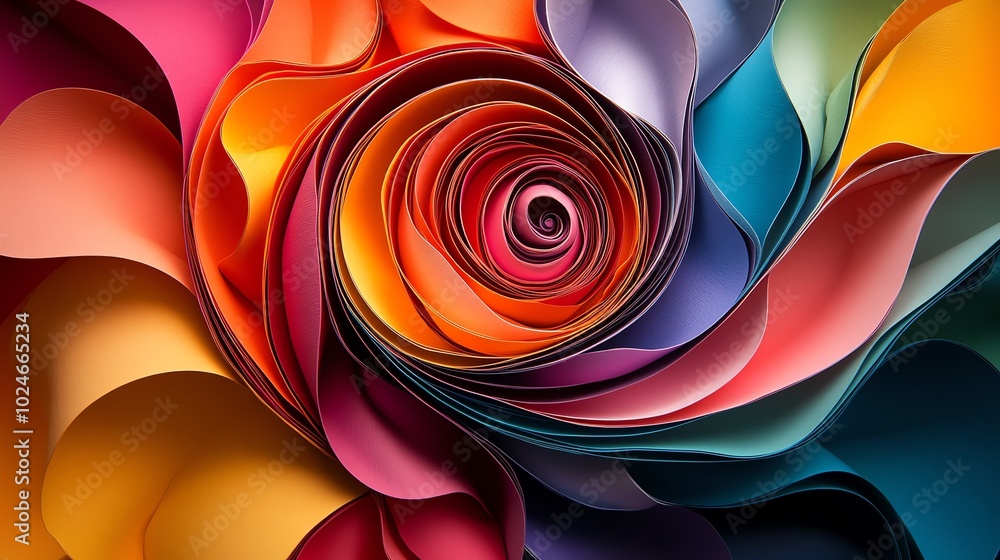 Poster multicolored paper cut spirals layered to form an intricate abstract pattern, paper cut spirals, abs