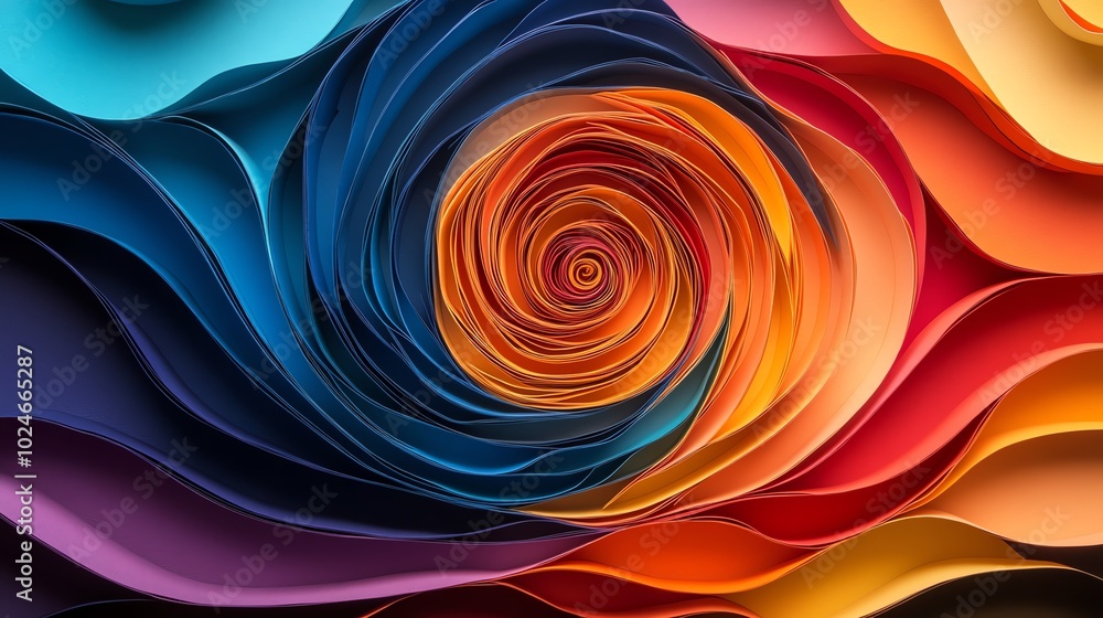 Poster multicolored paper cut spirals layered to form an intricate abstract pattern, paper cut spirals, abs