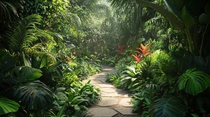 Lush tropical pathway through vibrant jungle foliage