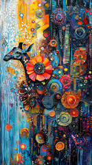  A vibrant giraffe with a flower on its head, set against a backdrop of rich hues