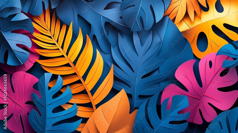 Poster paper cut abstract leaf shapes in irregular patterns, creating a modern, natureinspired composition,