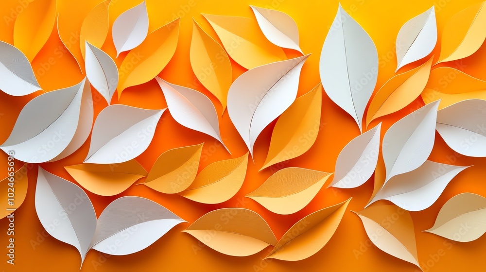 Poster paper cut abstract leaf shapes in irregular patterns, creating a modern, natureinspired composition,