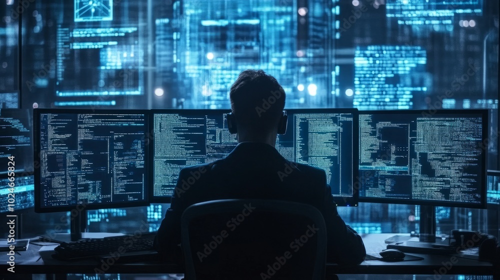 Poster hacker in a high-tech environment, multiple monitors filled with data, encrypted codes, and a focus 