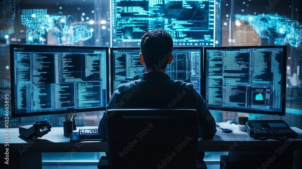 Poster hacker in a high-tech environment, multiple monitors filled with data, encrypted codes, and a focus 