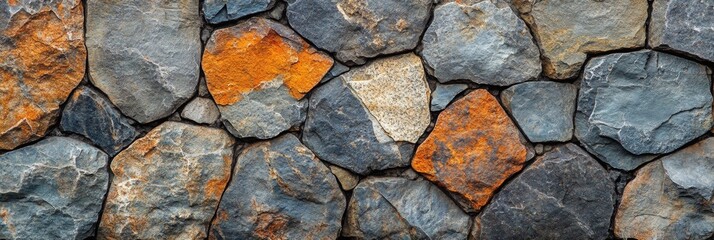 Obraz premium Rustic Stone Wall Texture, detailed view of weathered stones, showcasing unique surfaces and earthy color variations, emphasizing natural beauty