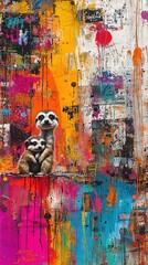 Fototapeta premium A painting of a mother raccoon tenderly carrying her baby in a vibrant backdrop