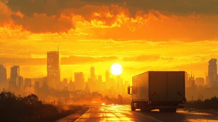 Morning road scene with the back of a delivery truck driving towards a sunlit city, the golden hues of sunrise enveloping the sky.