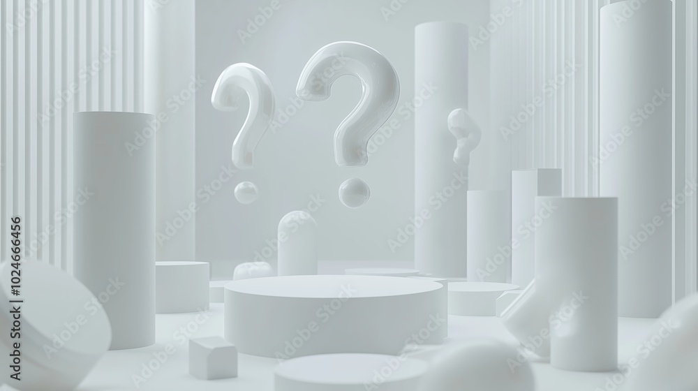 Poster abstract white minimalist composition featuring cylindrical shapes and floating question marks in a 