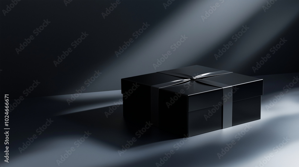 Poster a sleek obsidian gift box slowly emerging from deep, inky shadows, with soft light catching its shar
