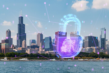 Digital security concept over Chicago skyline with futuristic elements.