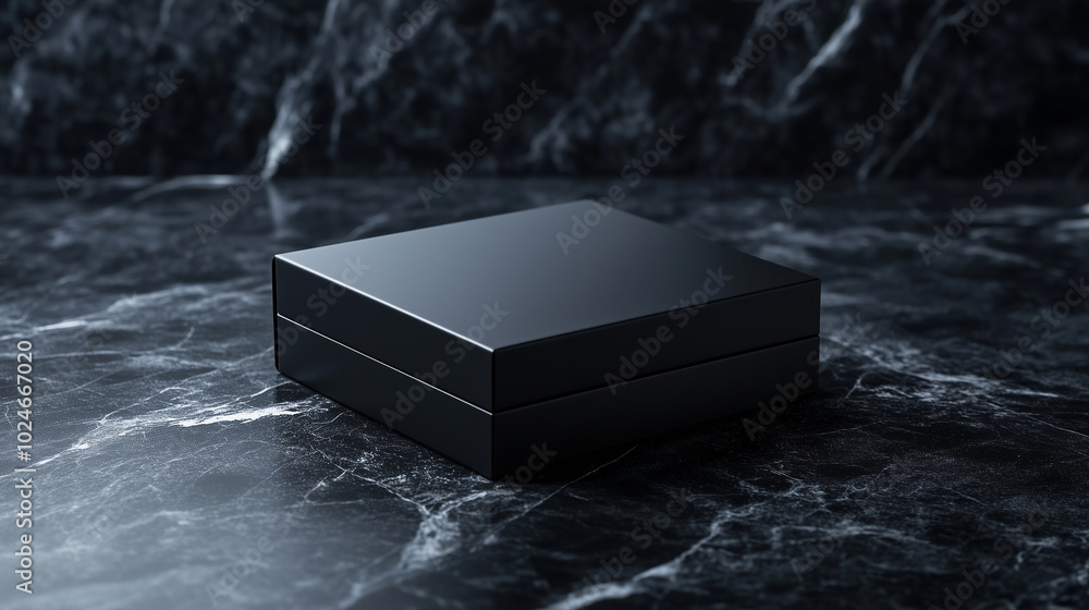 Poster a striking obsidian gift box resting in near-total darkness, its sharp, precise edges catching just 